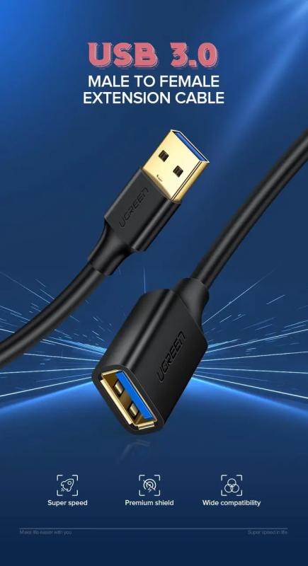 Подовжувач UGREEN US129 USB 3.0 Extension Male Cable 1.5m (Black)(UGR-30126)