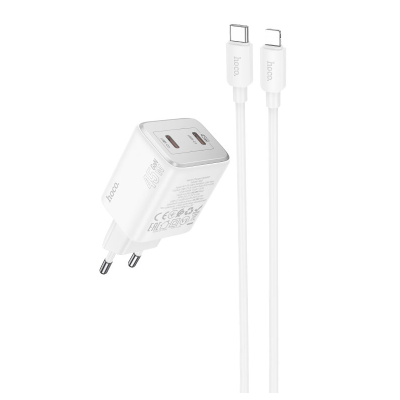 Мережевий зарядний пристрій з кабелем HOCO N42 Elogiado dual-port PD45W(2C) charger set(C to iP) White