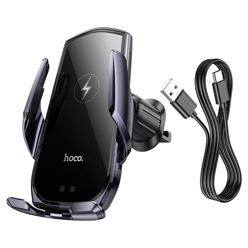 Автотримач для телефона з БЗП HOCO CA202 Plus Enlightener infrared induction wireless charging car holder(air outlet) Black metal gray