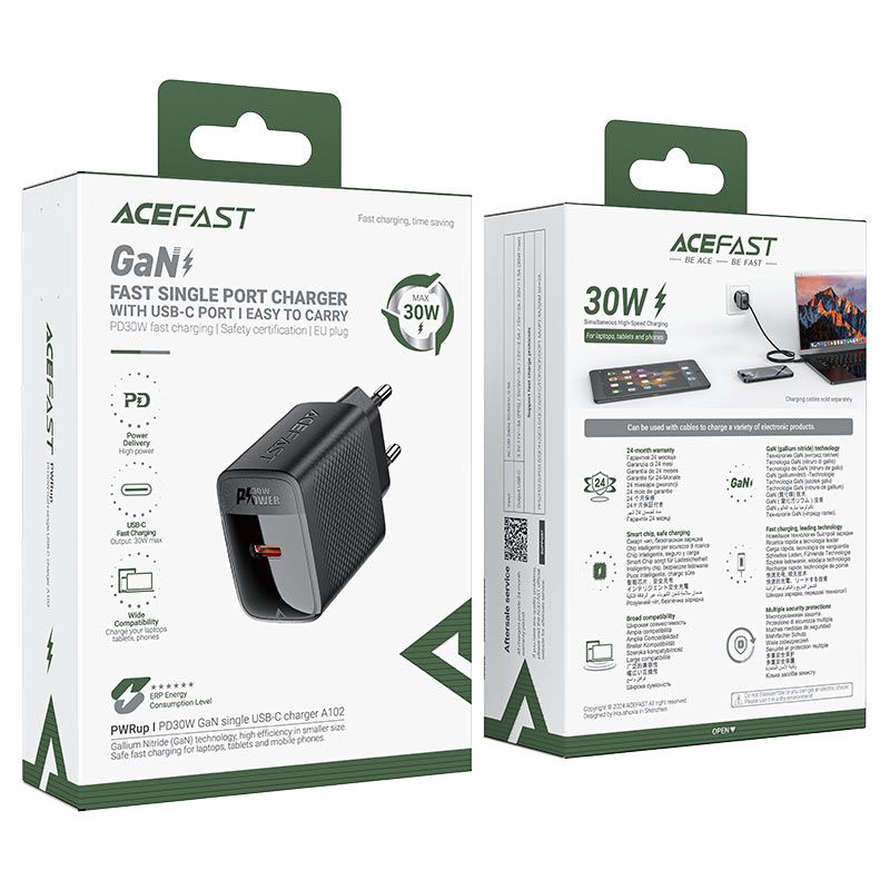 Мережевий зарядний пристрій ACEFAST A102 PD30W GaN single USB-C charger (EU) Black
