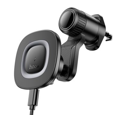 Автотримач для телефона з БЗП HOCO HW30 Crown magnetic wireless charging car holder (air outlet) Black Metal Gray