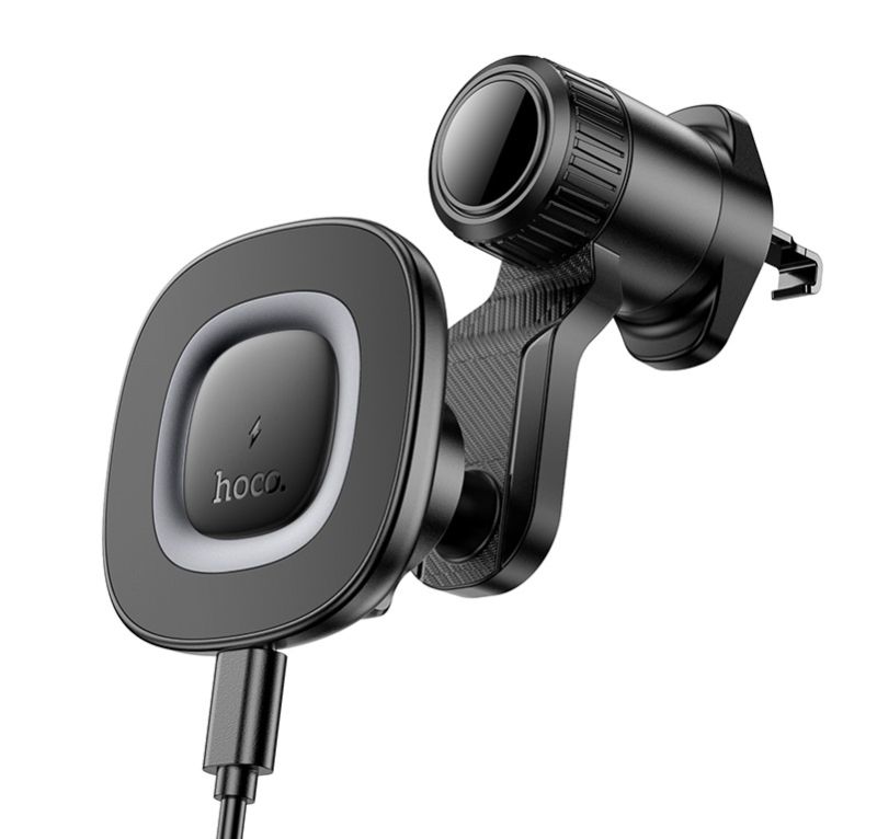 Автотримач для телефона з БЗП HOCO HW30 Crown magnetic wireless charging car holder (air outlet) Black Metal Gray