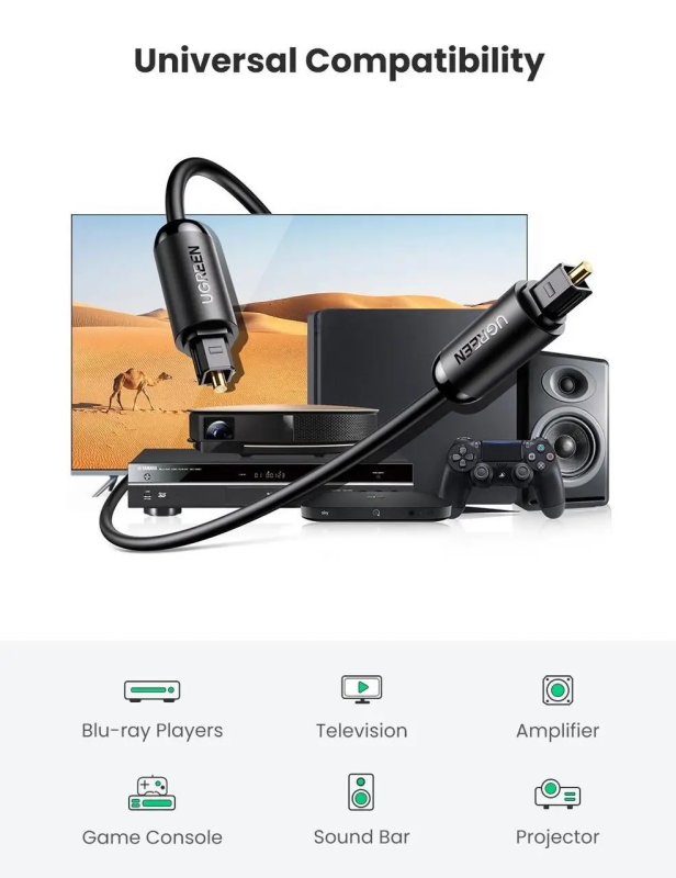 Аудіокабель UGREEN AV122 S/PDIF male to S/PDIF male, Toslink Optical Audio Cable, 2m Black
