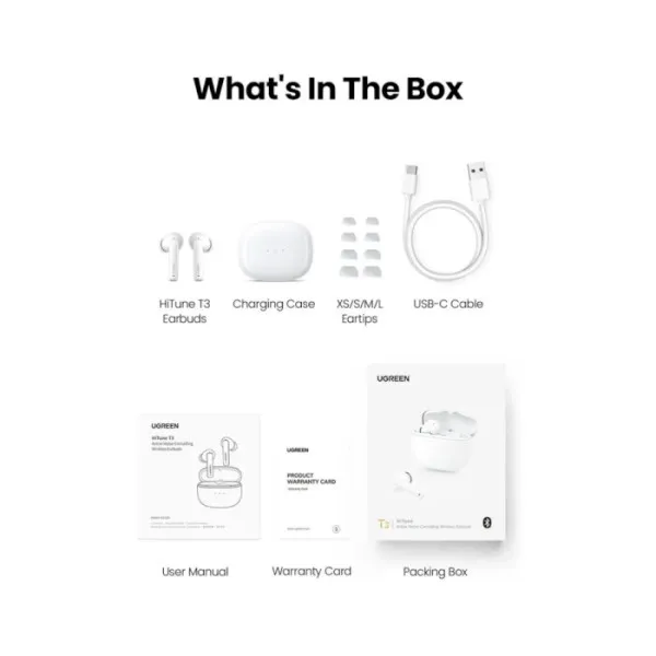 Бездротові навушники UGREEN WS106 HiTune T3 Active Noise-Cancelling Wireless Earbuds,IPX5, White(UGR-90206)