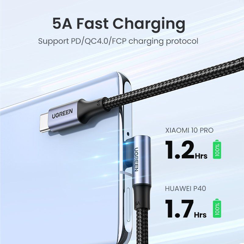Кабель UGREEN US334 USB-C 2.0 to Angled USB-C M/M Cable Aluminium Shell with Braided 1m (Black)(UGR-70643)