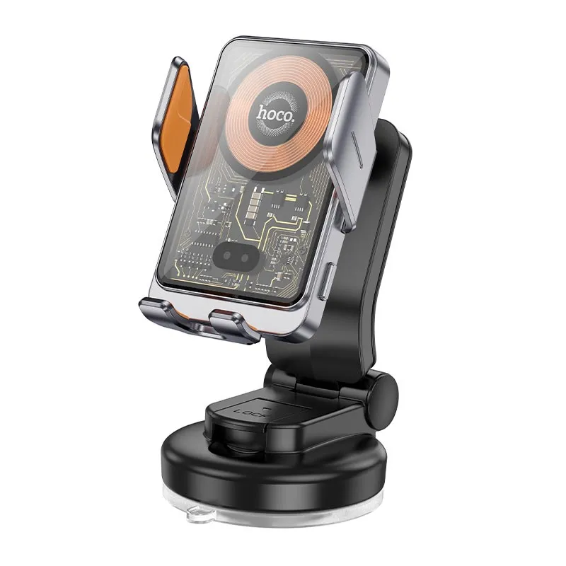 Автотримач для телефона з БЗП HOCO HW8 Transparent Discovery Edition wireless fast charging car holder(center console) Metal Gray