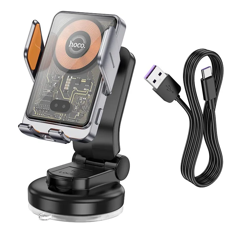 Автотримач для телефона з БЗП HOCO HW8 Transparent Discovery Edition wireless fast charging car holder(center console) Metal Gray