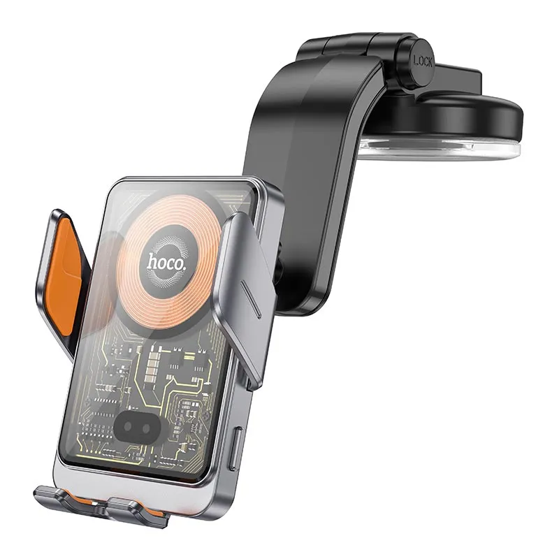 Автотримач для телефона з БЗП HOCO HW8 Transparent Discovery Edition wireless fast charging car holder(center console) Metal Gray
