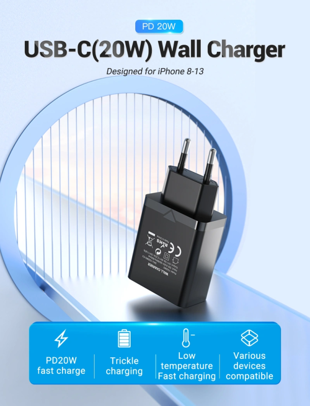 Мережевий зарядний пристрій Vention 1-port USB-C Wall Charger(20W) EU-Plug Black (FADB0-EU)