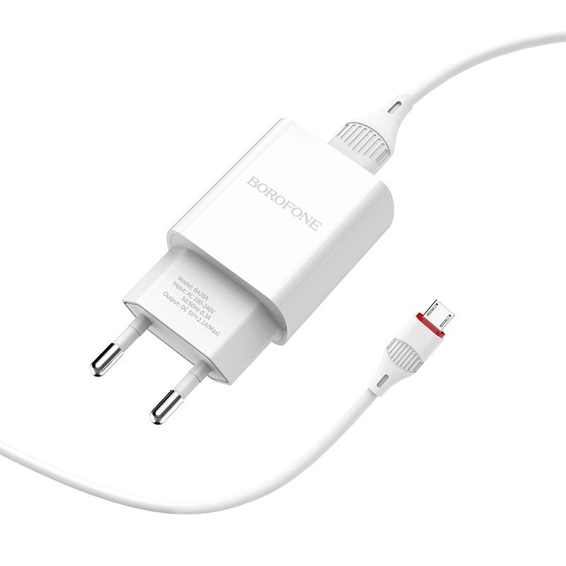 Мережевий зарядний пристрій з кабелем BOROFONE BA20A Sharp single port charger set(Micro) 10.5W White