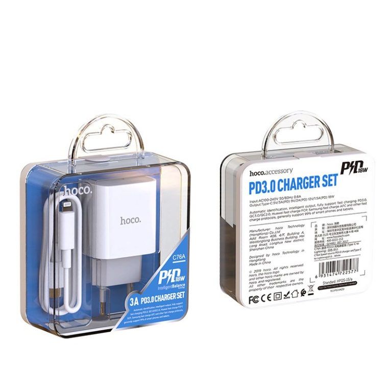 Мережевий зарядний пристрій з кабелем HOCO C76A Plus Speed source PD20W charger set(C to iP) White