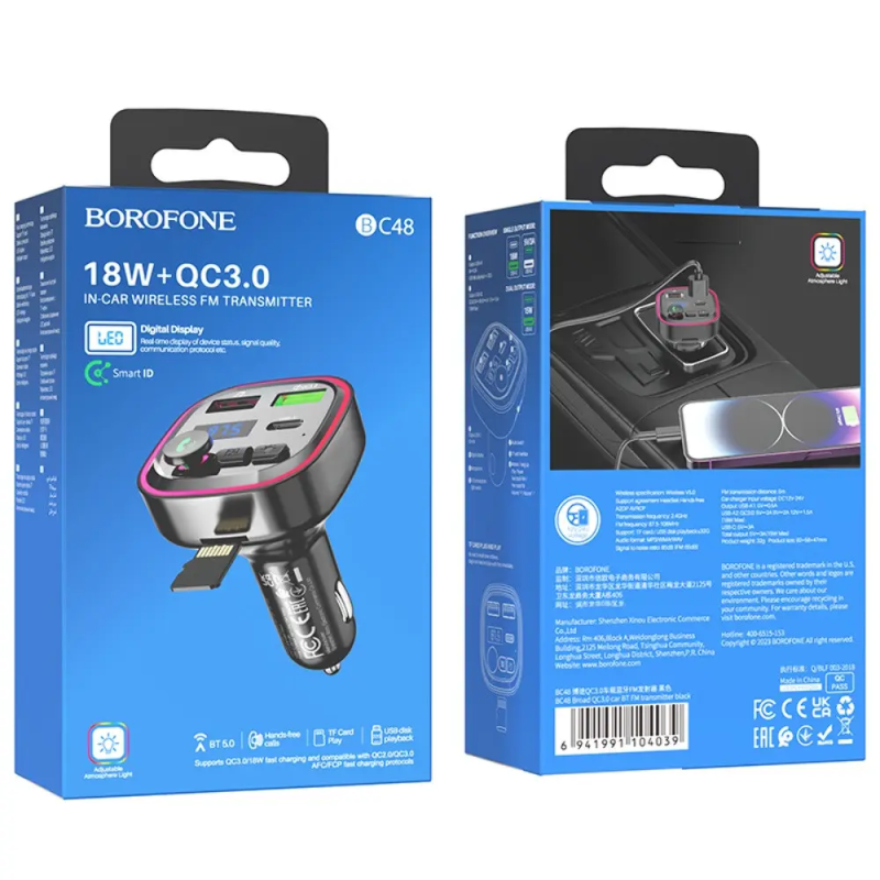 АЗП з FM-модулятором BOROFONE BC48 Broad QC3.0 car BT FM transmitter 18W Black