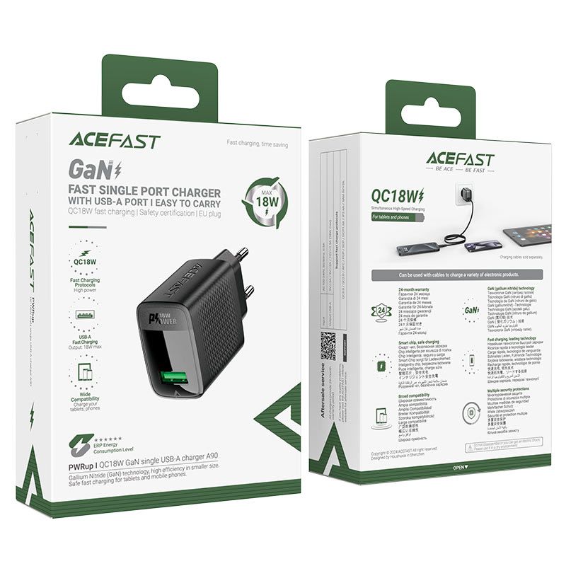 Мережевий зарядний пристрій з кабелем ACEFAST A90 QC18W GaN single USB-A charger set (P3) (EU) Black