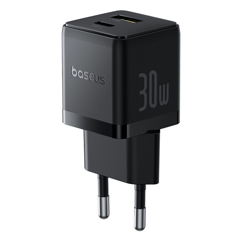 Мережевий зарядний пристрій з кабелем Baseus Palm Fast Charger C+U 30W EU Cluster Black (with Baseus Mini White Cable USB-C to USB-C 60W (20V/3A) 1m)