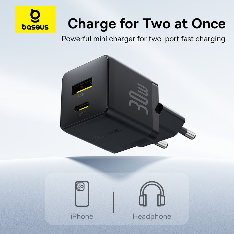 Мережевий зарядний пристрій з кабелем Baseus Palm Fast Charger C+U 30W EU Cluster Black (with Baseus Mini White Cable USB-C to USB-C 60W (20V/3A) 1m)