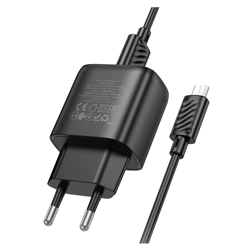 Мережевий зарядний пристрій з кабелем HOCO C140A Smart single port QC3.0 charger set(Micro)(EU) Black