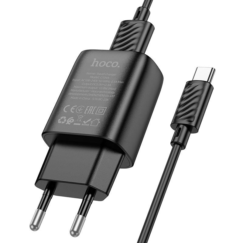 Мережевий зарядний пристрій з кабелем HOCO C134A Solid single-port charger set (Type-C) (EU) Black