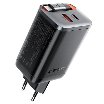Мережевий зарядний пристрій з кабелем ACEFAST A111 PD67W GaN charger(2*USB-C+USB-A) with retractable cable Black