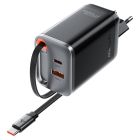 Мережевий зарядний пристрій з кабелем ACEFAST A111 PD67W GaN charger(2*USB-C+USB-A) with retractable cable Black