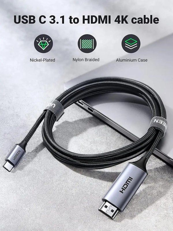 Кабель UGREEN MM142 USB-C to HDMI Male to Male Cable Aluminum Shell 1.5m (Gray Black)(UGR-50570)