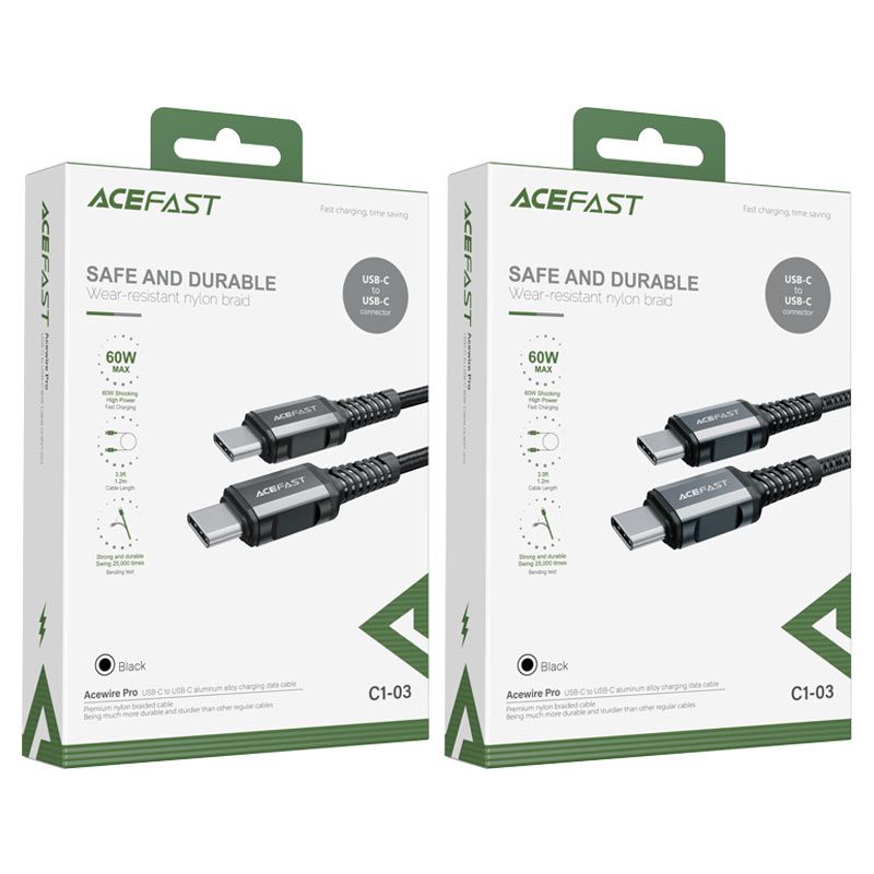 Кабель ACEFAST C1-03 Type-C to Type-C 3A, 1.2m, nylon, aluminum connectors, Black