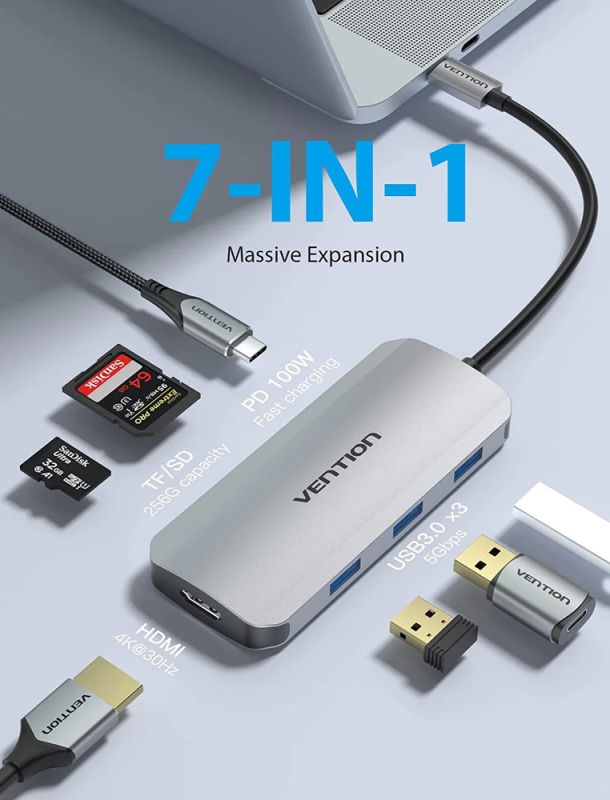 USB-хаб Vention USB-C to HDMI/USB 3.0x3/SD/TF/PD Docking Station Gray 0.15M Aluminum Alloy Type