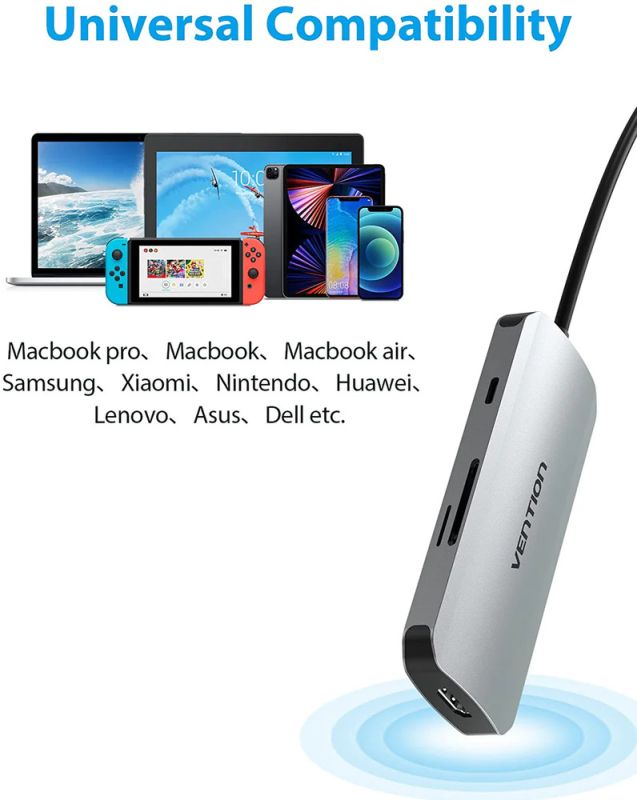 USB-хаб Vention USB-C to HDMI/USB 3.0x3/SD/TF/PD Docking Station Gray 0.15M Aluminum Alloy Type