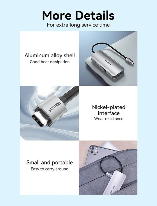 USB-хаб Vention USB-C to HDMI/USB 3.0x3/SD/TF/PD Docking Station Gray 0.15M Aluminum Alloy Type