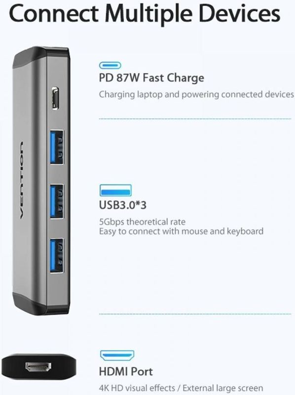 USB-хаб Vention Type-C to HDMI/USB3.0*3/PD Converter 0.15M Gray Metal Type (CNBHB)