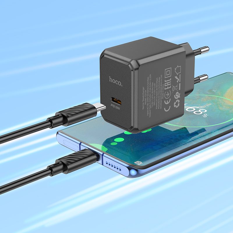 Мережевий зарядний пристрій з кабелем HOCO CS13A Ocean single port PD20W charger set(Type-C to Type-C) Black