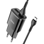 Мережевий зарядний пристрій з кабелем HOCO C88A Star round dual port charger set(Type-C) 12W Black