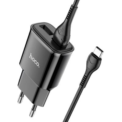 Мережевий зарядний пристрій з кабелем HOCO C88A Star round dual port charger set(Type-C) 12W Black