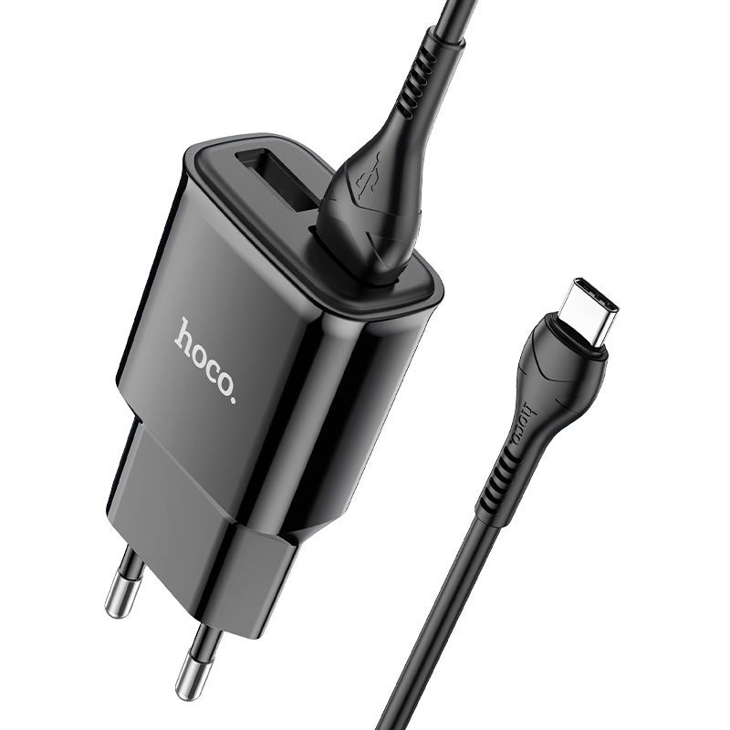 Мережевий зарядний пристрій з кабелем HOCO C88A Star round dual port charger set(Type-C) 12W Black