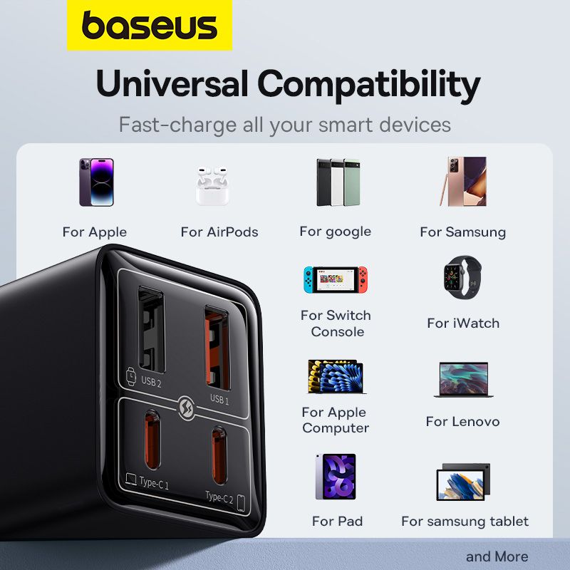 Мережевий зарядний пристрій з кабелем Baseus GaN6 Pro Fast Charger 2C+2U 65W  EU Cluster Black((With Type-C to Type-C 100W(20V/5A) 1m Black）