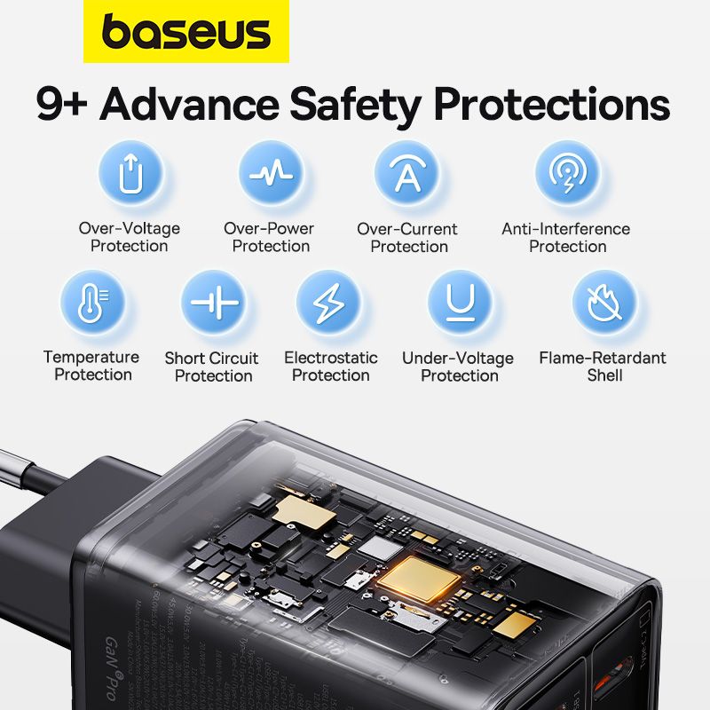 Мережевий зарядний пристрій з кабелем Baseus GaN6 Pro Fast Charger 2C+2U 65W  EU Cluster Black((With Type-C to Type-C 100W(20V/5A) 1m Black）