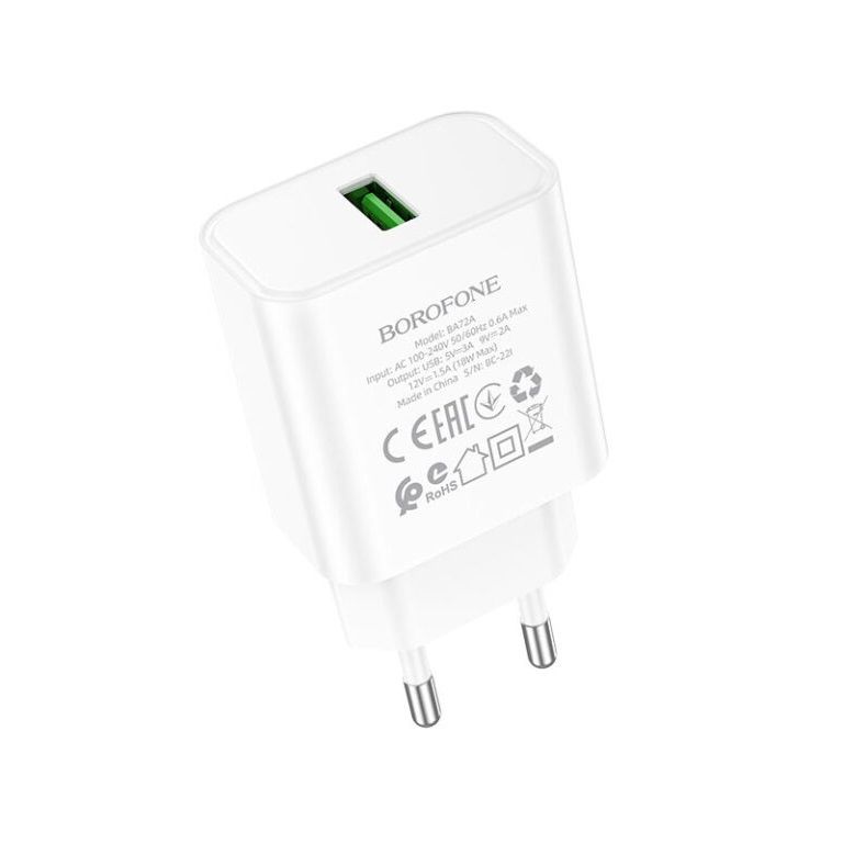 Мережевий зарядний пристрій BOROFONE BA72A Spring single port QC3.0 charger White