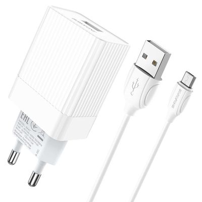 Мережевий зарядний пристрій з кабелем BOROFONE BA47A Mighty speed single port QC3.0 3A + Micro-USB cable 18W White