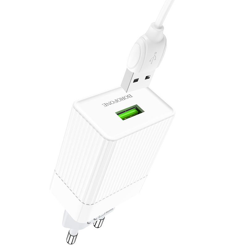 Мережевий зарядний пристрій з кабелем BOROFONE BA47A Mighty speed single port QC3.0 3A + Micro-USB cable 18W White