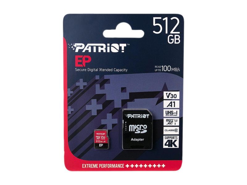 Карта пам'яті microSDXC (UHS-1 U3) Patriot EP Series 512Gb class 10 V30 (R-100MB/s, W-80MB/s) (adapter SD)