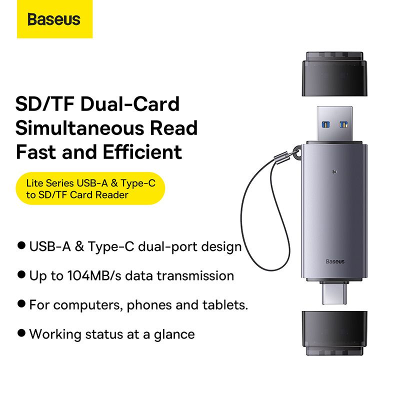 USB-хаб Baseus Lite Series USB-A &amp; Type-C  to SD/TF Card Reader  Grey