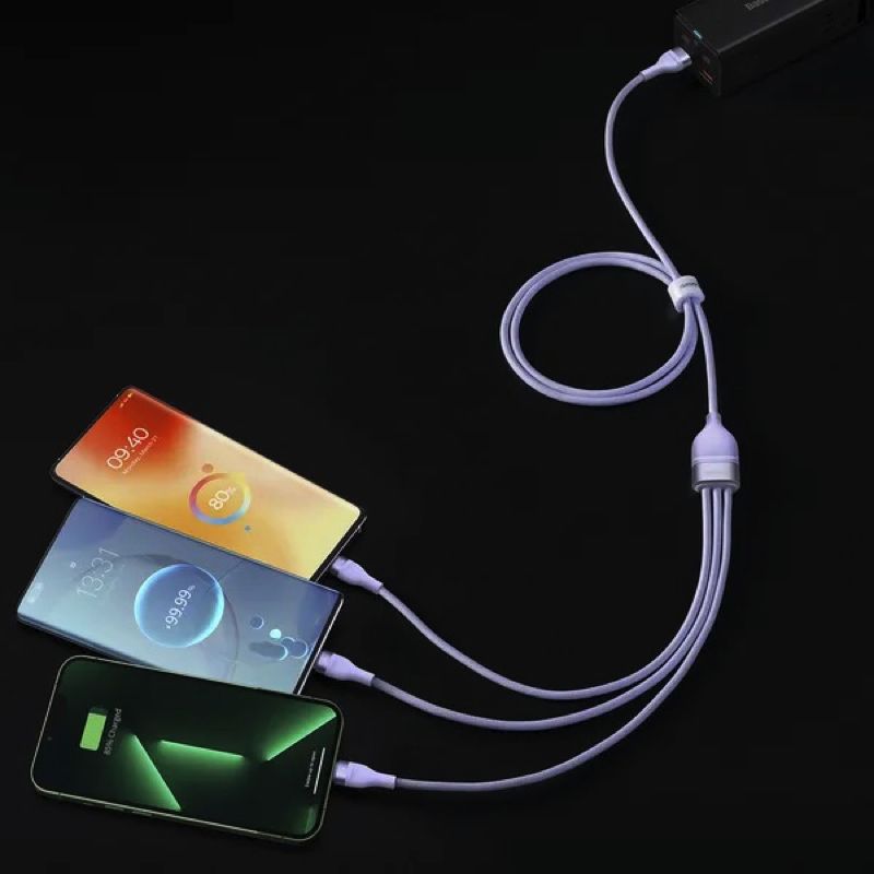 Кабель Baseus Flash Series Ⅱ One-for-three Fast Charging Data Cable USB to M+L+C 66W 1.2m Purple