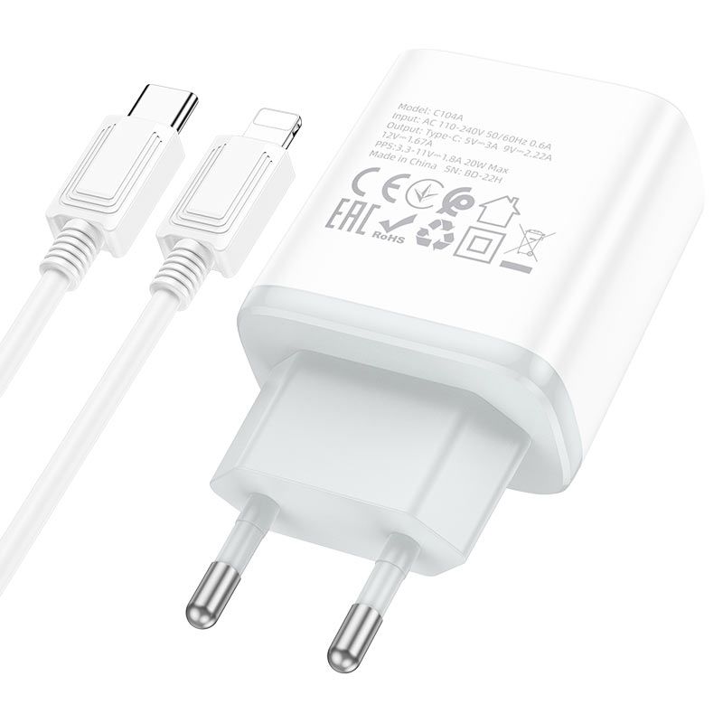 Мережевий зарядний пристрій з кабелем HOCO C104A Stage single port PD20W charger set (C to iP)(EU) White