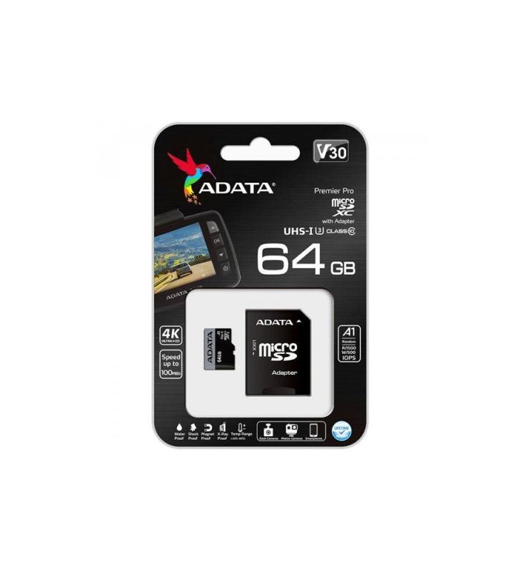 Карта пам'яті microSDXC (UHS-1 U3) A-DATA Premier Pro 64Gb Class 10 V30S A2 (R-100Mb/s W85Mb/s) (adapter SD)