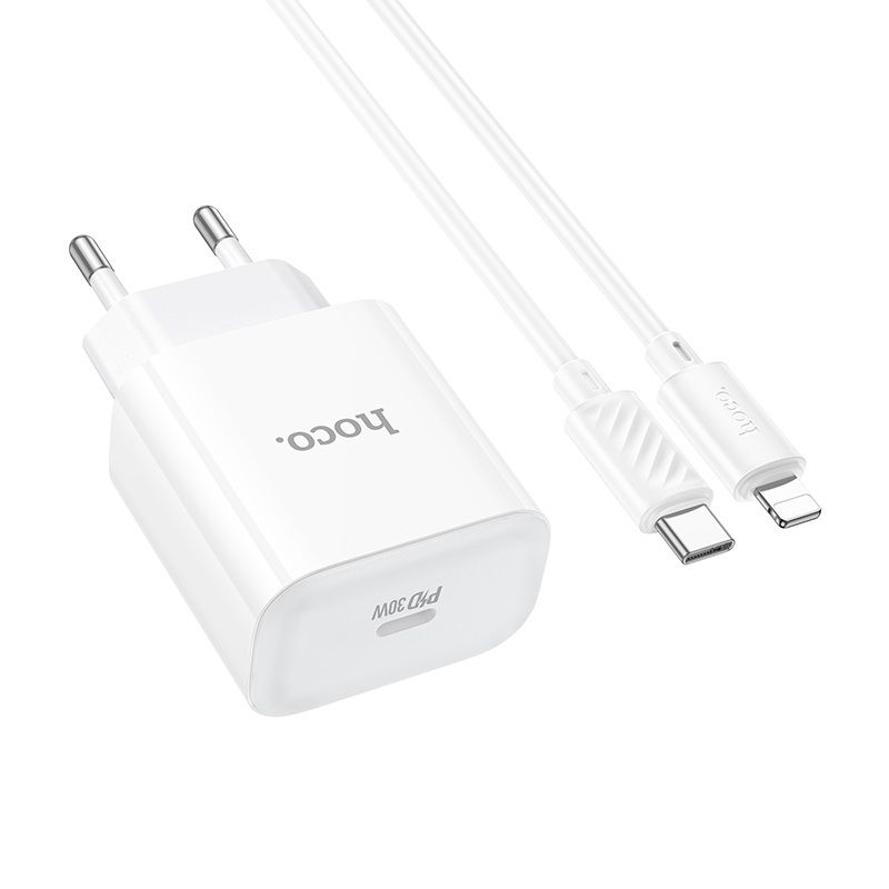 Мережевий зарядний пристрій HOCO C76A Pro Majestic single port PD30W charger set (C to iP)(EU) White