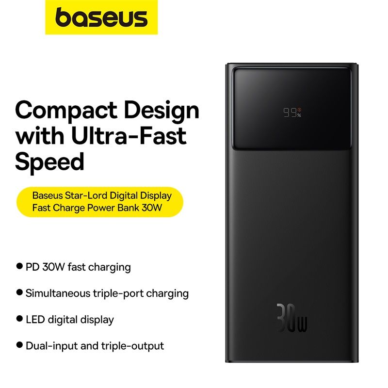 Зовнішній акумулятор Baseus Star-Lord Digital Display Fast Charging Power Bank 20000mAh 30W Cluster Black（With Simple Series Charging Cable USB to Typ