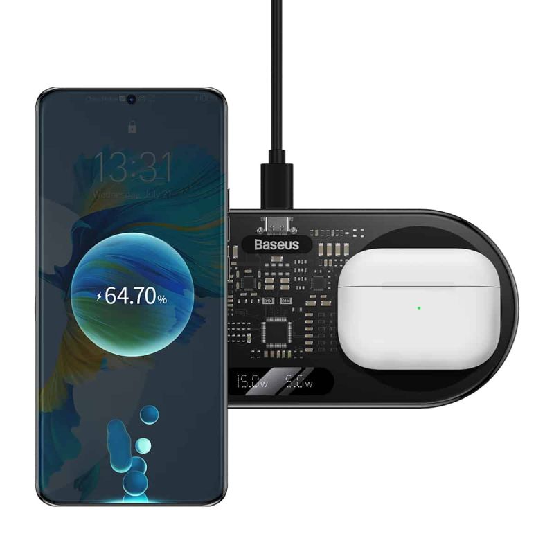 Бездротовий мультизарядний пристрій Baseus Digital LED Display 2in1 Wireless Charger 20W Black Universal version