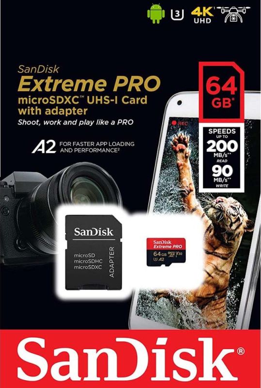 Карта пам'яті microSDXC (UHS-1 U3) SanDisk Extreme Pro A2 64Gb class 10 V30 (R200MB/s,W90MB/s) (adapter)