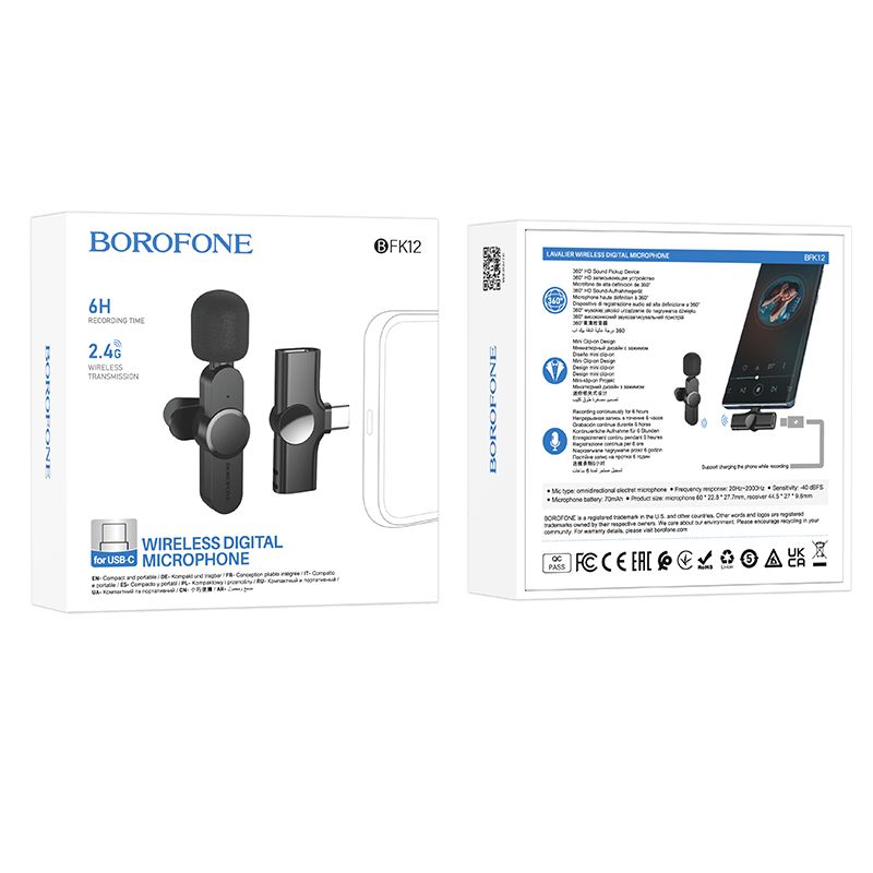 Бездротова мікрофонна система BOROFONE BFK12 Trophy lavalier wireless digital microphone Type-C Black