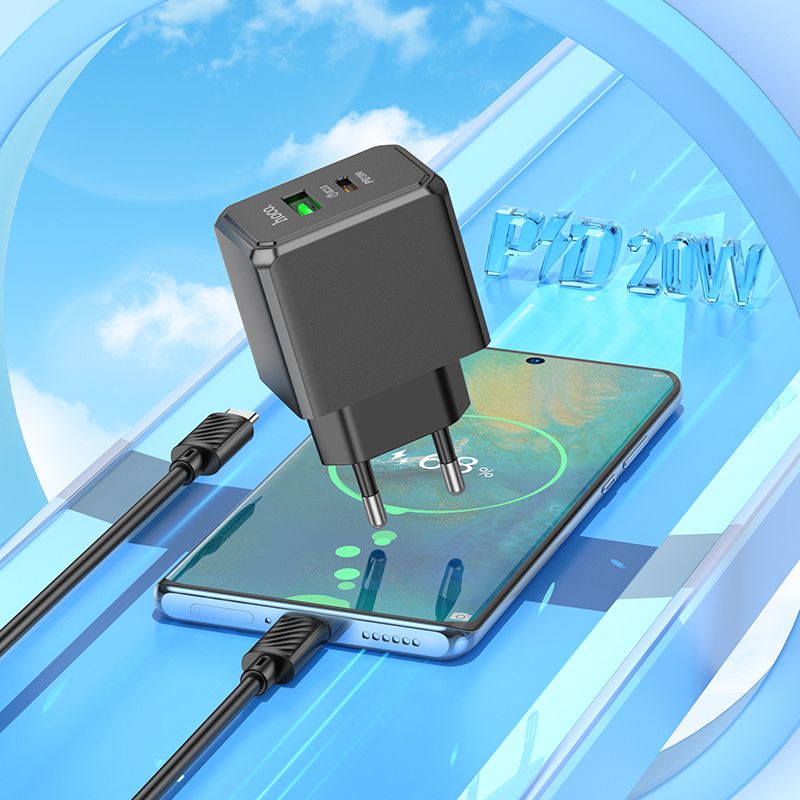 Мережевий зарядний пристрій з кабелем HOCO CS14A Ocean PD20W+QC3.0 charger set(Type-C to Type-C) Black