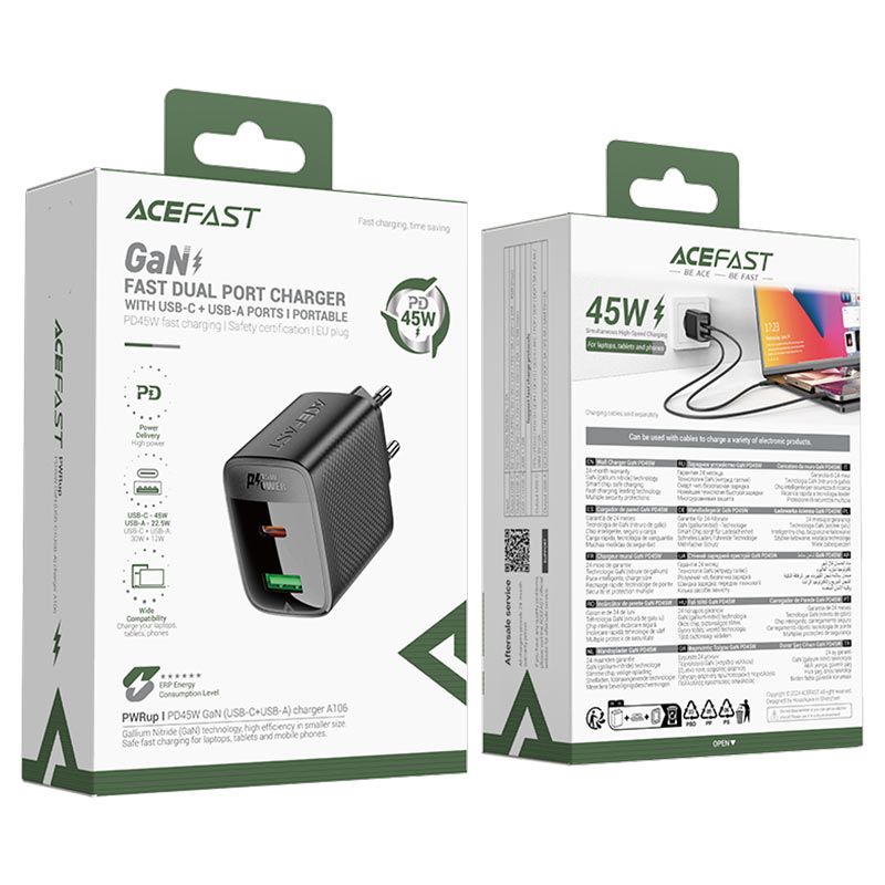 Мережевий зарядний пристрій ACEFAST A106 PD45W GaN (USB-C+USB-A) charger (EU) Black